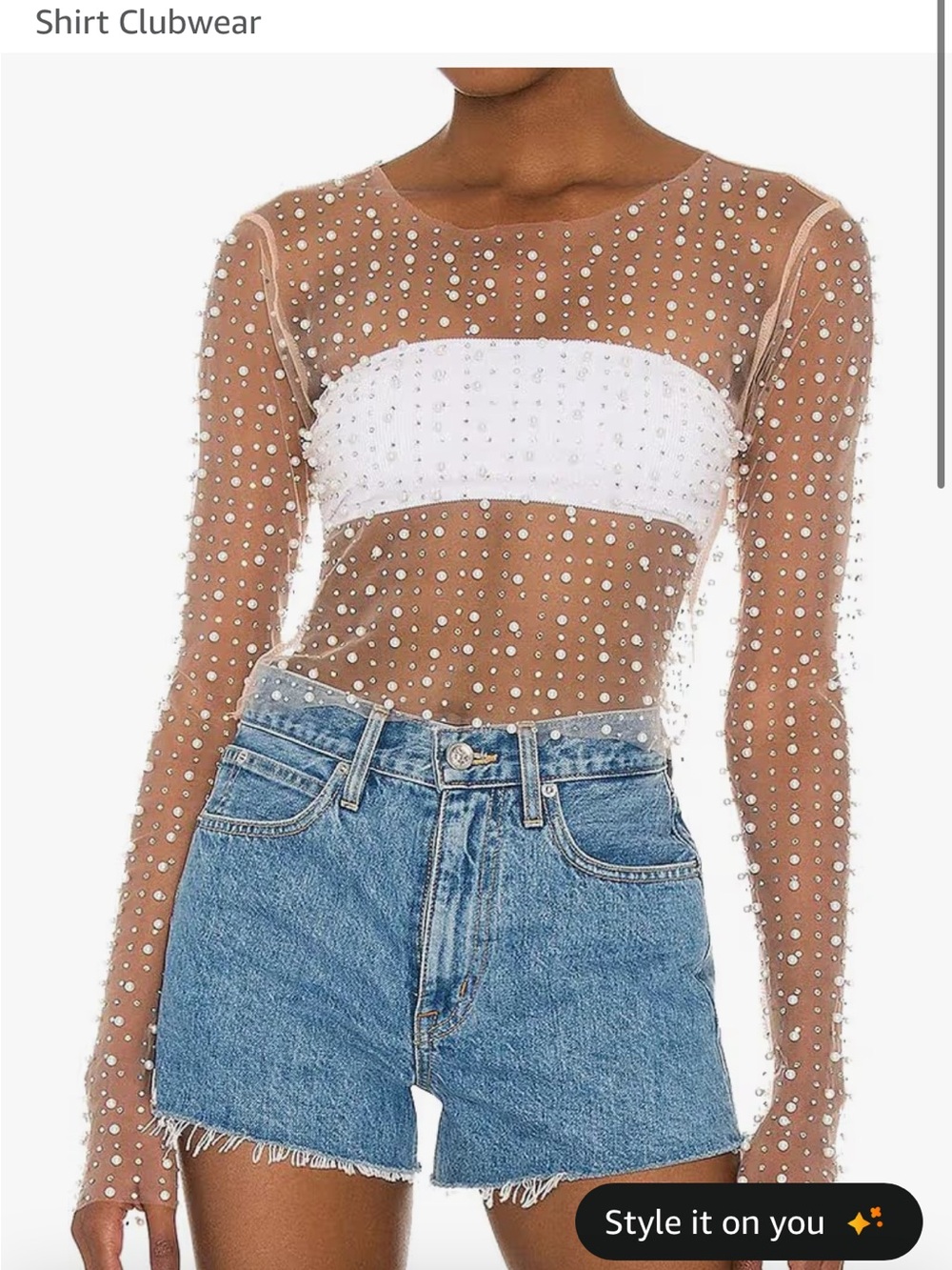 Sheer Long Sleeve Top with Rhinestones